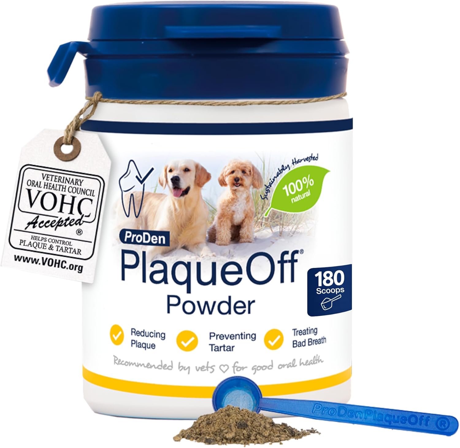 ProDen PlaqueOff Powder for Dogs & Cats, Tartar & Bad Breath Remover 100% Natural Teeth Cleaner and Plaque Remover 60 g