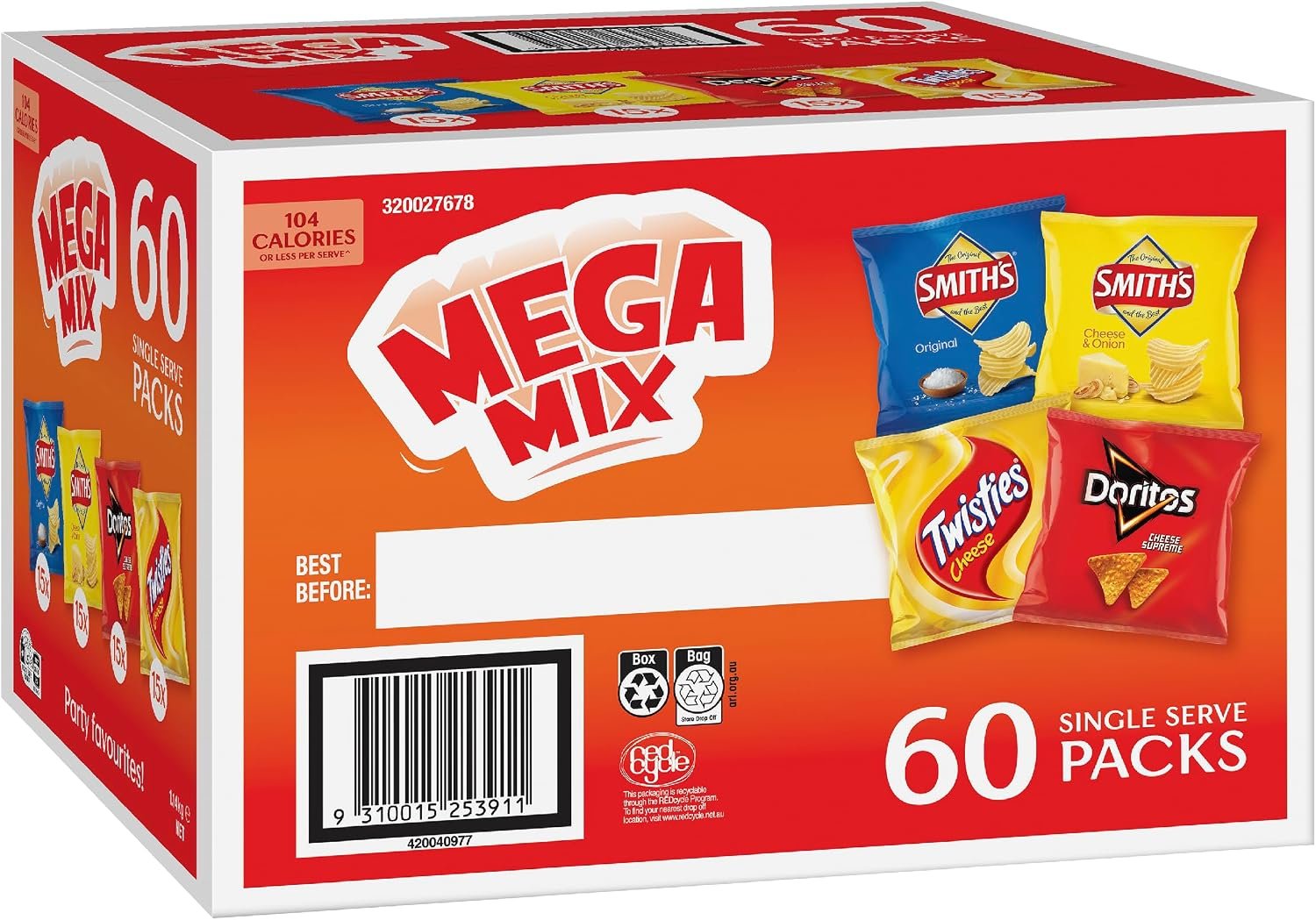 Smiths Potato Chips Mega Mix Value Pack (, Doritos, Twisties) 60 Multipack 1140g