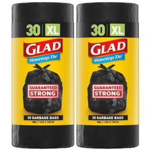 Glad Wavetop Tie Garbage Bags, 30 Extra Large Multipurpose Garbage Bags, XL Size Fits 80L Bin, 30 Count (Pack of 2)